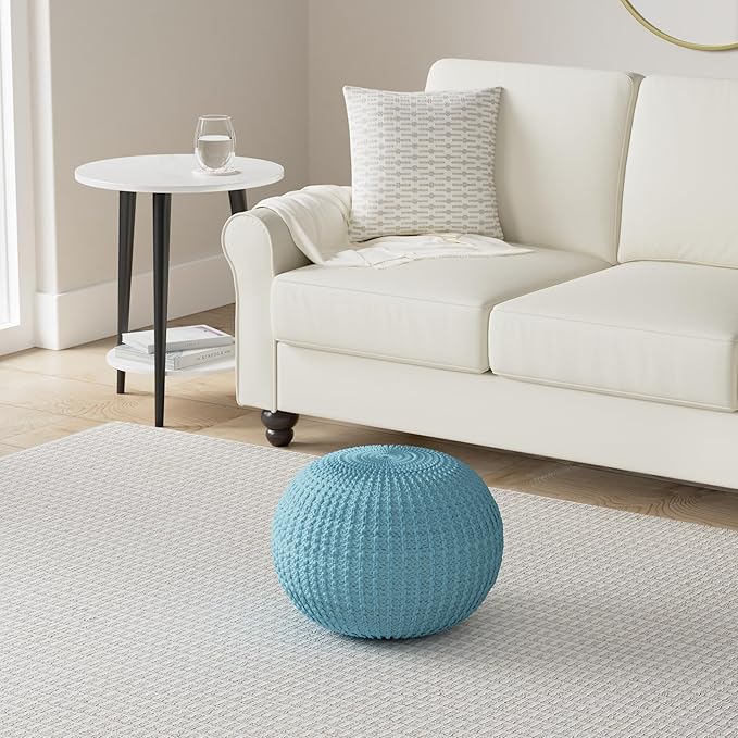 Nahunta Knitted Round Pouf - Cotton - Aqua