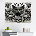 Ambesonne Gothic Tapestry, Classic Spooky Rose Ornated Skulls and Black Cat with Spider Print, Fabric Wall Hanging Decor for Bedroom Living Room Dorm, 28" X 23", Dark Grey Green and Eggshell