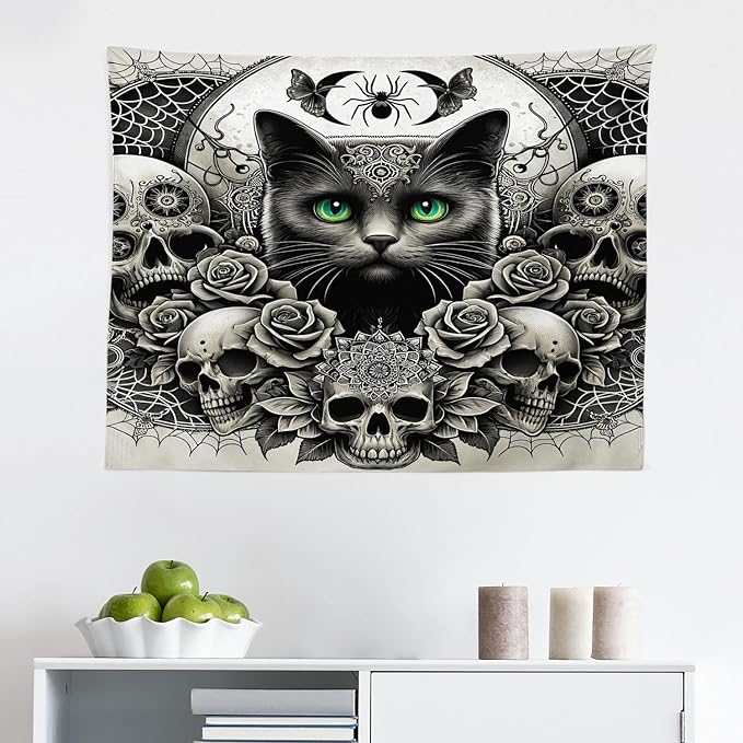 Ambesonne Gothic Tapestry, Classic Spooky Rose Ornated Skulls and Black Cat with Spider Print, Fabric Wall Hanging Decor for Bedroom Living Room Dorm, 28" X 23", Dark Grey Green and Eggshell