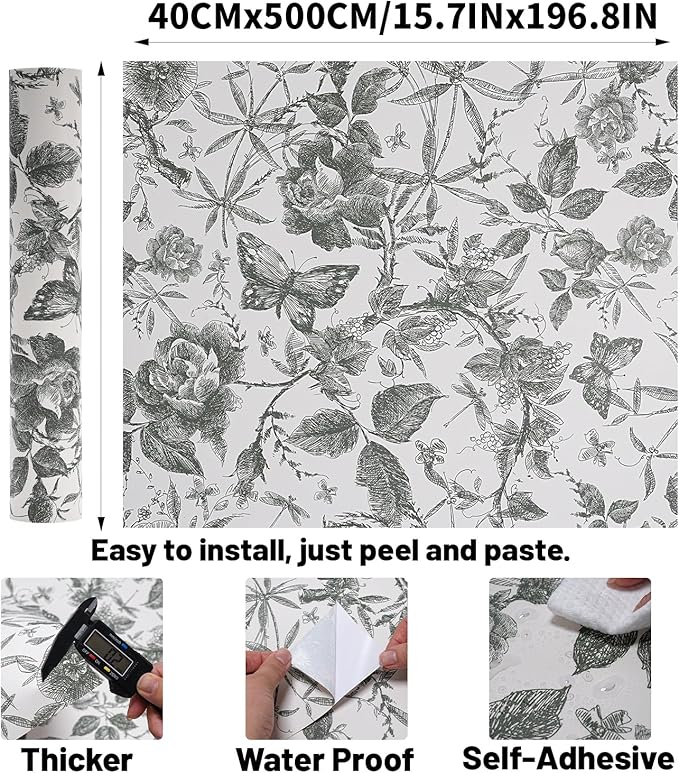 Drawers Liner Contact Paper for Dresser Peel and Stick Wallpaper Sketched Design 15.7x394in Self Adhesive Removable Green Maroon Rose Floral Butterfly Vintage Cabinet Shelf Renter Friendly