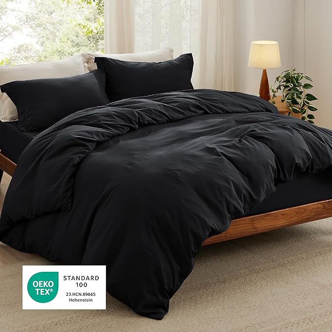 Bedsure Duvet Cover King Size with Fitted Sheet - 4 Pieces Prewashed Cotton-Like Extra Soft Bedding Set, Includes 1 Duvet Cover 104x90 Inches with Zipper Closure, 2 Pillow Shams, 1 Fitted Sheet, Black