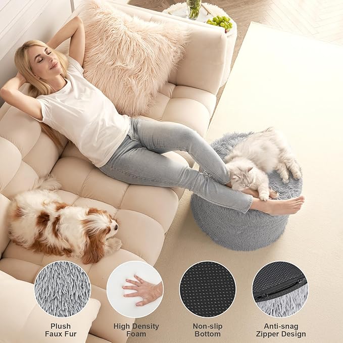 Hansleep Round Pouf Ottoman Foot Rest, 17 x 14 Small Faux Fur Stuffed Pouf for Chair, Foam Filled Foot Stools Ottomans for Living Room, Grey