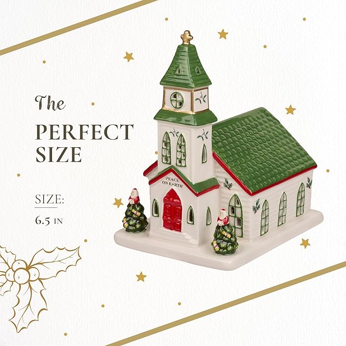 Spode Christmas Tree Miniature Christmas Village Figural Decoration, LED Lighted Christmas Village Set, Ceramic Holiday Decor - Dolomite Christmas Collectible for Indoor Display (Church)