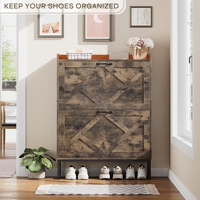 Nicetree Shoe Cabinet with 2 Flip Drawers, Freestanding Shoe Storage Cabinet with Metal Legs, Farmhouse Shoe Organizer for Entryway, Foyer, Hallway, Rustic Brown