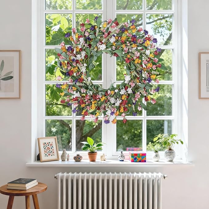 Wreaths for Front Door, 24 Inch Spring/Summer Front Door Wreath, Colorful Paper Flower Wreath for All Seasons for Indoor Home Wall Window Office Wedding Farmhouse Decor (Mixed)