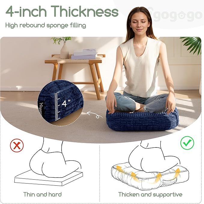 Washable Floor Pillow Cushion for Adults, Meditation Cushion Pillow, Removable Tufted Blended Corduroy Cover, Large Square Floor Sitting for Tatami Living Room or Yoga, 2Pack, Machine Washable