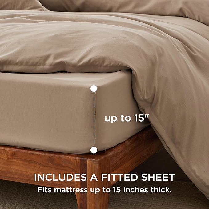 Bedsure Duvet Cover King Size with Fitted Sheet - 4 Pieces Prewashed Cotton-Like Extra Soft Bedding Set, Includes 1 Duvet Cover 104x90 Inches, 2 Pillow Shams, 1 Fitted Sheet, Deep Beige