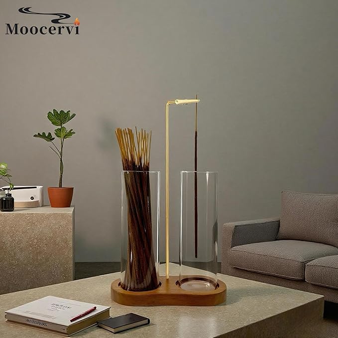 Glass Incense Holder,2 in 1 Incense Sticks Burner Holder with Storage,Hang Upside Down Incense Holder for Sticks with Glass Ash Catcher for Meditation Yoga Spa Room Decor (Brown)