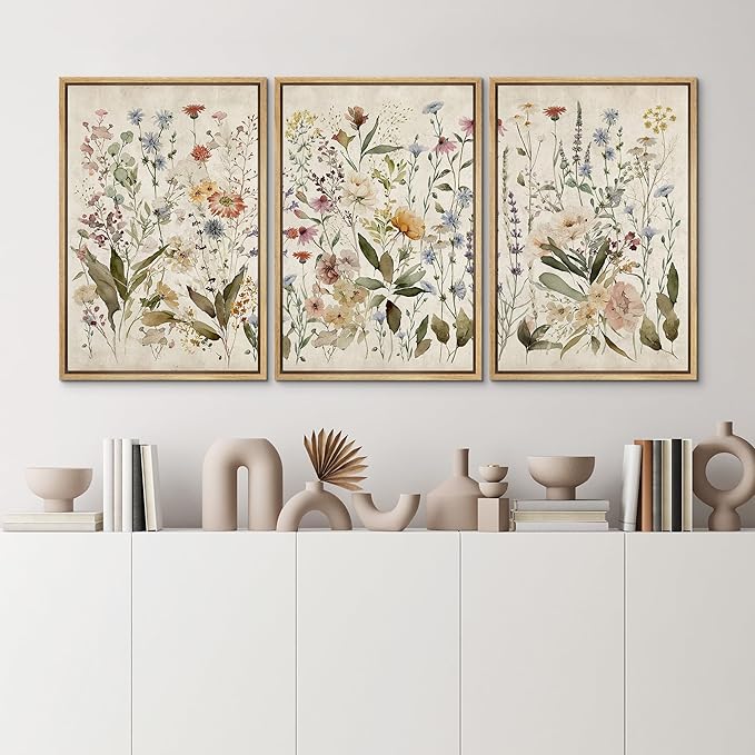 MUDECOR Framed Wall Art Print Set Blooming Wildflowers Illustrations Modern Art Decorative Colorful Chic for Living Room, Bedroom, Office - 16"x24"x3 Natural
