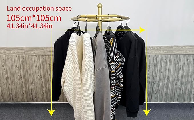 Heavy-Duty Metal Rotating Clothes Rack，Rack Load 200lbs,Gold Round Clothing Rack，Retail Clothing & Garment Racks,With Adjustable Pad Base, For Bedroom, Boutique & Laundry Room