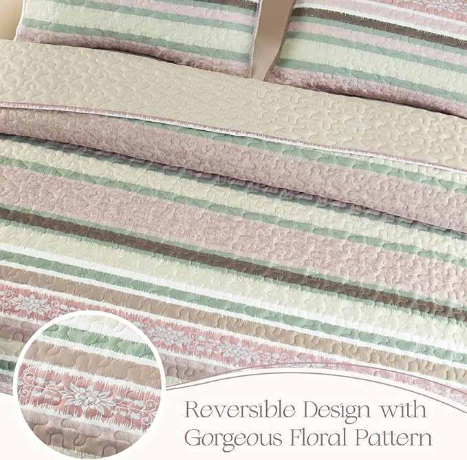 Exclusivo Mezcla Reversible Boho Quilts Queen Size, Pink Bedspreads Lightweight Coverlet All Season Bohemian Quilt Bedding Set with Printed Striped Floral Pattern (1 Quilt, 2 Pillow Shams)