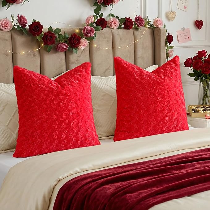 FUTEI Red Decorative Throw Pillow Covers 16x16 Inch Set of 2,Soft Solid Rose Swirl Textured Cushion Case,Valentine's Day Decor for Couch Living Room