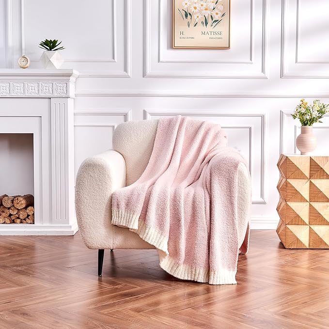 CozeCube Super Soft Fullfy Microfiber Reversible Knitted Blankets, Warm Cozy Fuzzy Plush Throw, Pink and White Melange Throw Blanket for Couch Bed Sofa, 50" x 60"
