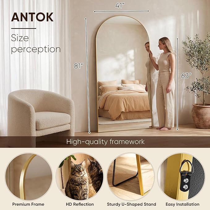 Antok Full Length Mirror, 81"x41" Floor Mirror, Arched Floor Standing Freestanding Arch Full Body Mirrors with Stand for Bedroom, Hanging Mounted for Living Room Cloakroom,Gold