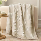 Amélie Home Checkered Knit Throw Blanket for Couch, Chenille Texture Decorative Soft Blanket for Sofa & Chair, 50"x60", Khaki & White