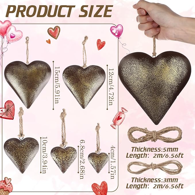 Frienda 8 Pcs Valentine's Day Metal Heart Indoor Outdoor Decorative Cow Bell Rustic Tibetan Inspired Meditation Wind Chime Bell with Jute Hanging Rope for DIY Craft Xmas Wall Decor(Bronze)