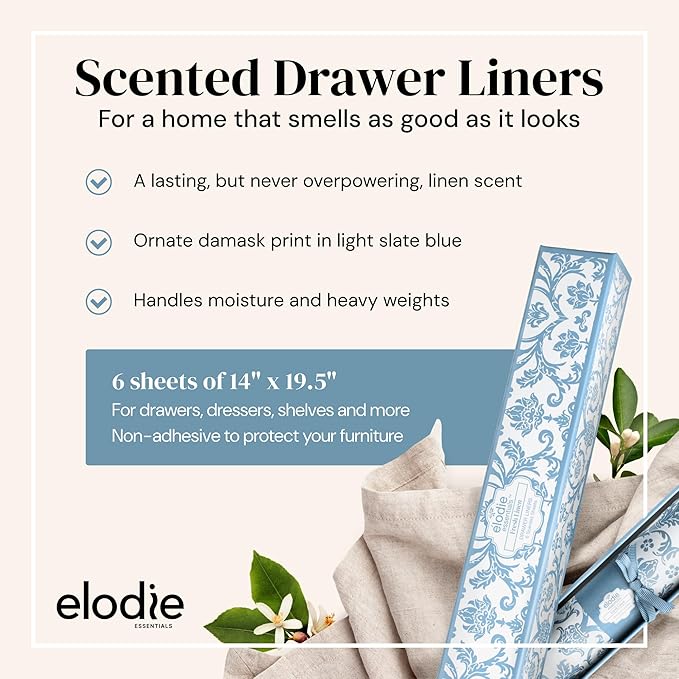 Drawer Liners - 14 in x 19.5 in, Pack of 6 - Fresh Linen Scented Drawer Liners - Damask Design & Scented Shelf Mat - Trim-to-Fit Sheet