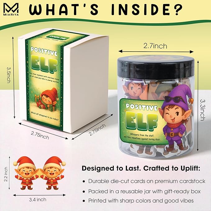 Positive Elf Jar – 60 Funny Emotional Support Jar, Christmas Gifts for Kids, Tweens, Teens, Women, Coworkers, Teachers, Sisters, Friends – Christmas Stocking Stuffer for Teens, Tweens, Kids