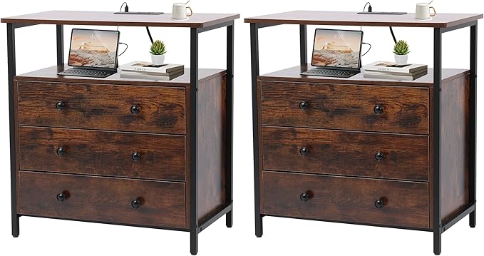 3 Wooden Drawers Nightstand, 27 Inch Wide Night Stand Set 2 with Charging Station and Adjustable Drawers, Small Dresser for Closet, Bedside Table for Living Room/Bedroom/Office, Retro Brown.