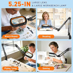 HITTI 12X Square Magnifying Glass with Light and Clamp, Hands-Free Lighted Stand with Ultra Long 3-Section Arm | 5 Color Modes & Stepless Dimming LED Desk Lamp for Workbench, Crafting, Reading -Yellow