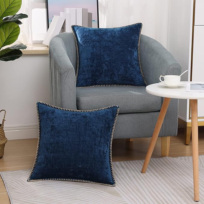 decorUhome Spring Chenille Soft Cozy Throw Pillow Covers 20x20 Set of 2, Modern Farmhouse Boho Velvet Decorative Pillow Cases with Stitched Edge for Couch Sofa Bed Home Decor, Poseidon