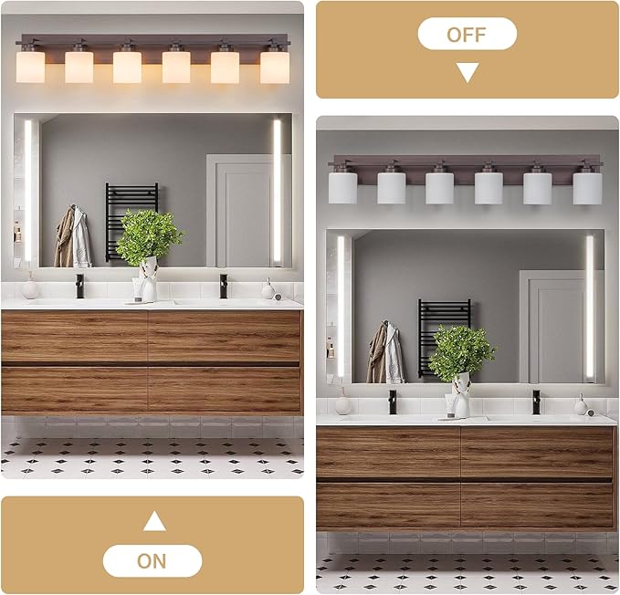 6 Light Modern Bathroom Light Fixtures Over Mirror, Bronze Finish Vanity Lights for Bathroom Wall Sconces with Milky White Glass Shades, E26 Socket (Bulbs Not Included)