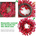 Spring Wreath for Front Door, 24 Inch Spring Red Forsythia Wreath Blossom Cluster Flower Farmhouse Wreath on Grapevine for Festival Celebration Front Door Wall Window Decoration Home Decor
