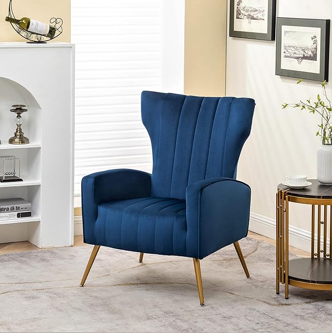 Modern Velvet Accent Chair, Channel Tufted Bedroom, Office or Living Room Furniture with Elegant Metal Legs, 26" Wide Armchair, Blue