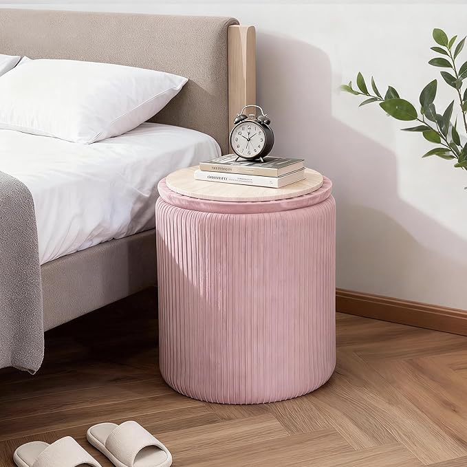 CAROLMADE Set of 2 Round Ottoman with Storage, Upholstered Vanity Stool Support 330lbs Multifunctional Coffee Table Ottoman Velvet Foot Rest Stool or Living Room Bedroom Dorm (Pink)