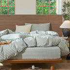 MooMee Gingham Duvet Cover Set 100% Washed Cotton Linen Like Textured Breathable Durable Soft Comfy Modern Checkered Design (Sage Green Gingham, Super King 108"x98")