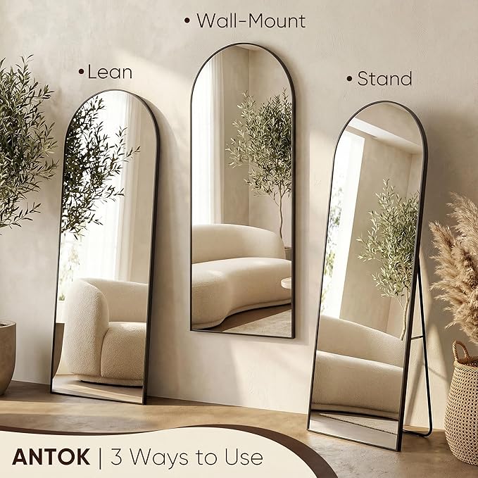Antok Full Length Mirror, 58"x19" Floor Mirror, Arched Floor Standing Freestanding Arch Full Body Mirrors with Stand for Bedroom, Hanging Mounted for Living Room Cloakroom,Black