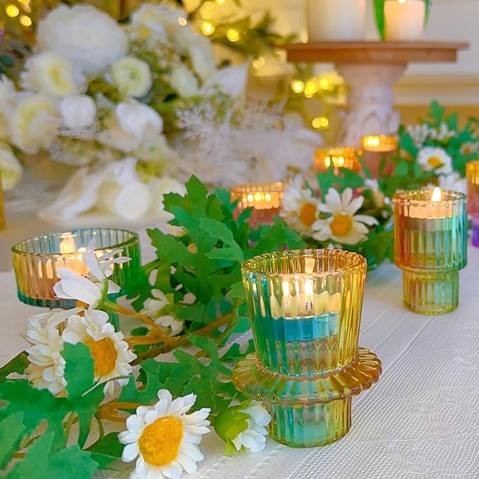 Double Sided Vintage Ribbed Taper Glass Candle Holders,Tea Candle Holder for Table Centerpieces, Wedding Decorations and Dinner Parties (Rainbow, 6 PCS)