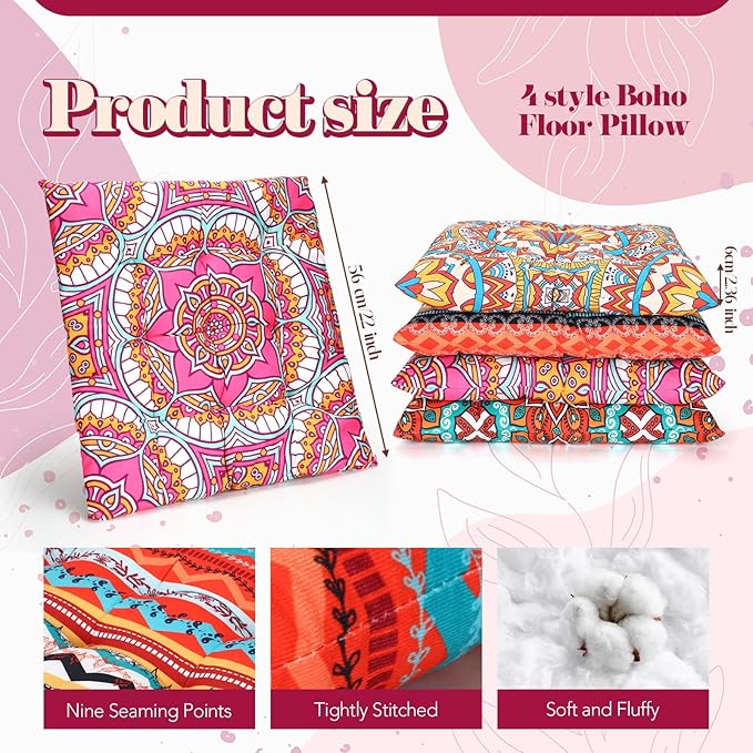 Nuogo 4 Pack Large 22 Inch Bohemian Floor Pillows Square Boho Floor Cushions Seating Pillows for Soft Yoga Meditation Pillow Mandala Pouf for Living Room Tatami Reading Nook(Exquisite)