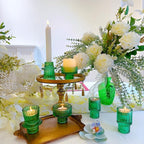 Double Sided Vintage Ribbed Taper Glass Candle Holders,Tea Candle Holder for Table Centerpieces, Wedding Decorations and Dinner Parties (Green, 3 PCS)