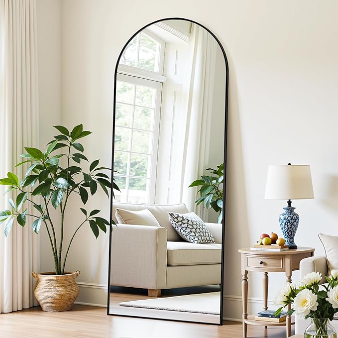 Full Length Mirror, 59"x18" Oversized Floor Mirror Freestanding, Full Body Mirror Floor Standing Mirrors with Stand, Hanging Mounted Mirrors for Bedroom Living Room, Black, Arched Style