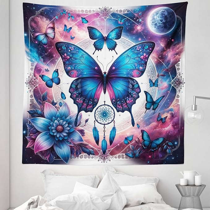 Ambesonne Boho Tapestry Queen Size, Astral Dream in Outer Space with Fantasy Butterfly Dreamcatcher Moon, Wall Hanging Bedspread Bed Cover Wall Decor, 88" X 88", Pale Pink Sky Blue Indigo