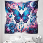 Ambesonne Boho Tapestry Queen Size, Astral Dream in Outer Space with Fantasy Butterfly Dreamcatcher Moon, Wall Hanging Bedspread Bed Cover Wall Decor, 88" X 88", Pale Pink Sky Blue Indigo