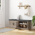 2-Tier Storage Bench, 47.2" Wide Shoe Bench with Padded Seat Cushion, Entryway Bench with 4 Barn Doors and Adjustable Shelf, Greige
