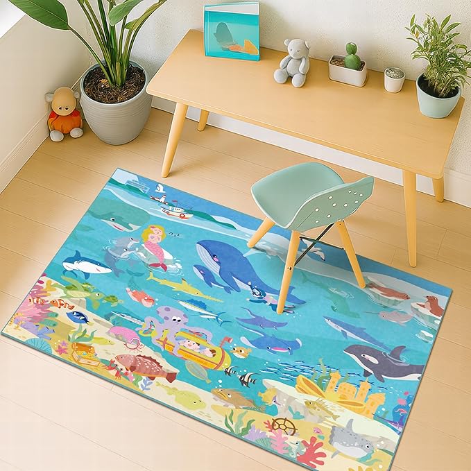 3x5 Small Kids Rug for Bedroom - Washable Soft Ocean Themed Rug for Kids Room, Bathroom and Playroom – Sea Animal Playmat for Children, Toddler, Whale Mermaid & Marine Life Educational Learning Carpet
