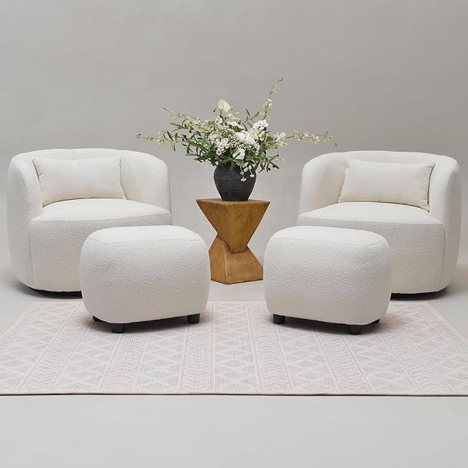 KINWELL Round Boucle Upholstered Ottoman Chair, Footstool with Soft Padded Seat, Fully Assembled Modern Sofa Couch Footrest, Extra Seating for Bedroom Entryway, Beige(18.5" D x 23" W x 16.5" H)