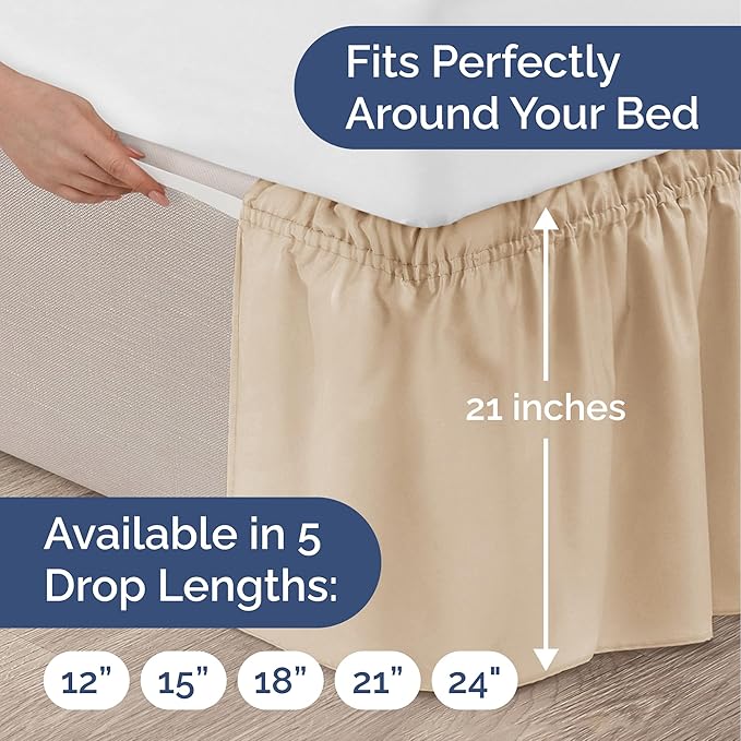 Wrap Around Dust Ruffle Bed Skirt – Cream - Twin/Twin XL Size Beds with 21 in. Drop – Easy Fit Elastic Strap - Pleated Bedskirt with Brushed Fabric - Wrinkle Free, Machine Wash - by CGK Linens
