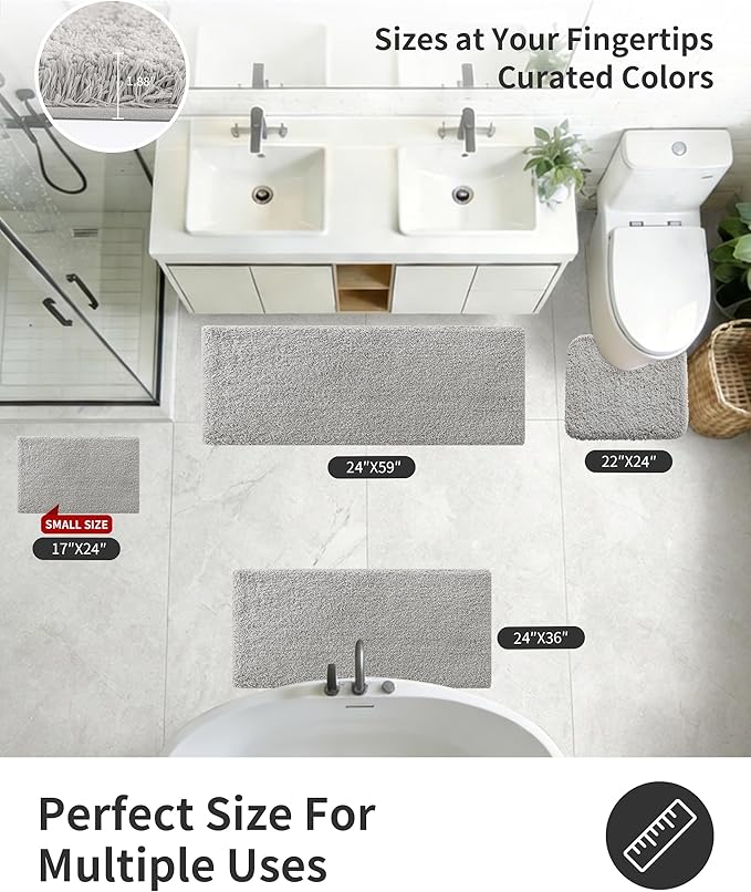 ILANGO Grey Bathroom Rugs 48" × 24" Non Slip & Super Absorbent Extra Thick Soft, Washable Bath Mat for Floor, Microfiber Plush Shaggy Bath Rug with Rubber for Bathtub Shower Room Sink
