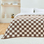 CozeCube Super Soft Fullfy Microfiber Reversible Knitted Blankets, Warm Cozy Fuzzy Plush Throw, Dark Brown and White Checkered Throw Blanket for Couch Bed Sofa, 50" x 60"