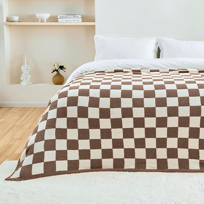 CozeCube Super Soft Fullfy Microfiber Reversible Knitted Blankets, Warm Cozy Fuzzy Plush Throw, Dark Brown and White Checkered Throw Blanket for Couch Bed Sofa, 60" x 80"
