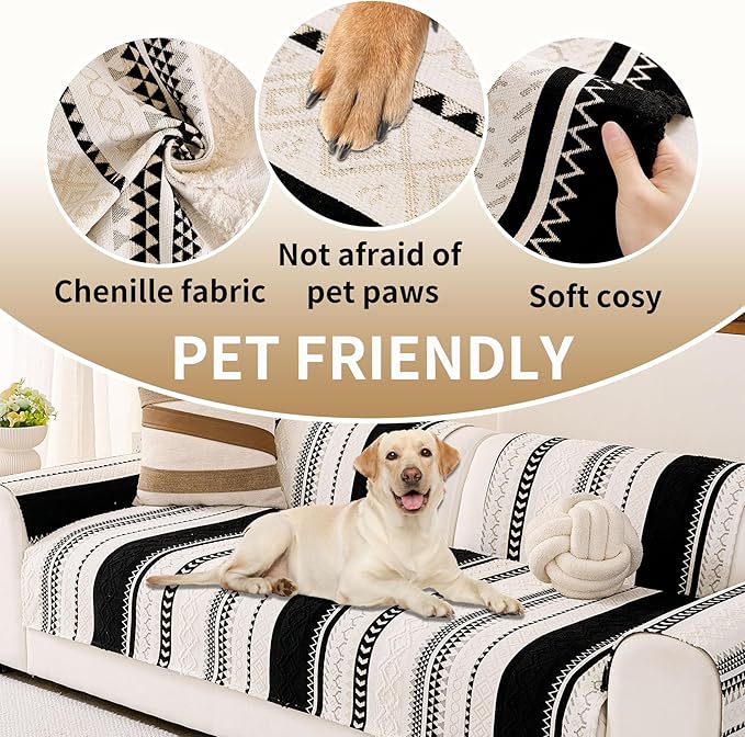 HAOMAIJIA Boho Couch Covers for Sofa, Waterproof Couch Cover for Dogs Soft Chenille Jacquard Non Slip Sofa Covers for Pets Washable Couch Protector (Black, 36.5" x 62" 1 Pack)