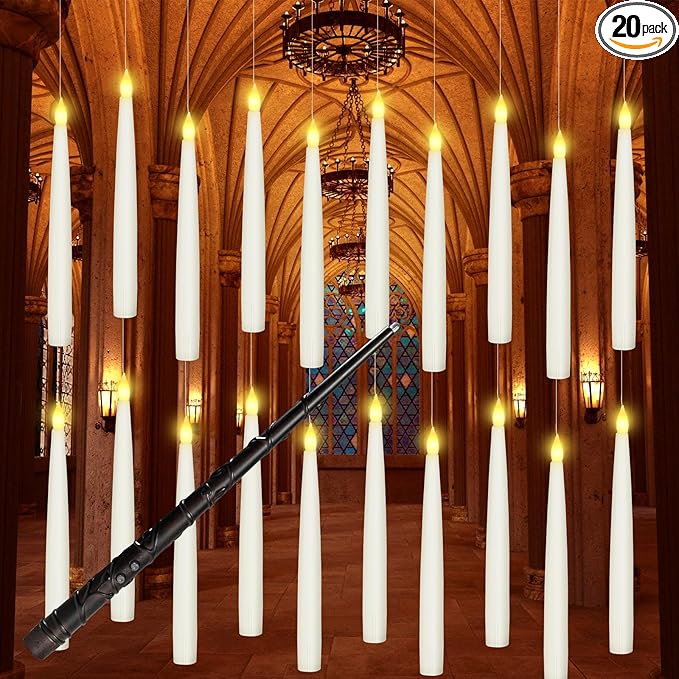 20PCS Floating Candles with Wand, Magic Hanging Candles, Flickering Warm Light LED Taper Flameless Candles with Wand Remote, Battery Operated Window Candle for Halloween Decorations Best Gift