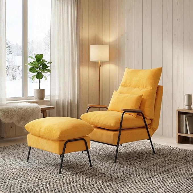 MCombo Accent Recliner Chair with Ottoman, Modern Linen Fabric Armchair, Upholstered Sofa Bed for Living Room Bedroom, Small Space 4055 (Yellow)