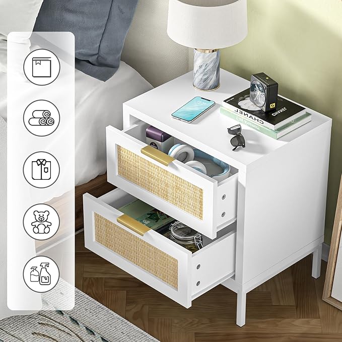 Giluta White nightstands Set of 2, Farmhouse Rattan Night Stand with 2 Drawers, 2 Rattan Drawers, Boho Bedside Table End Table for Small Space, Bedroom