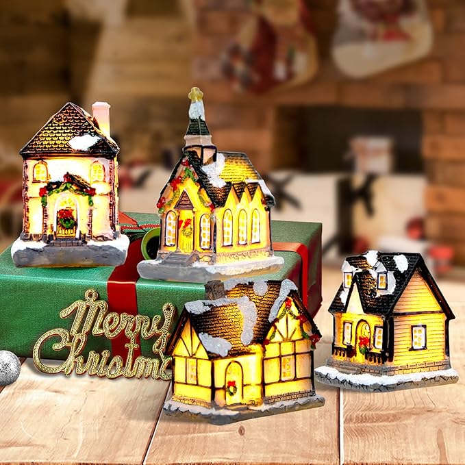 Christmas Decorations Village House Decor Xmas Lantern Decorative Resin House Collectible Buildings Figurine De Navidad Decoración with LED Light