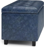 SIMPLIHOME Cosmopolitan Storage Ottoman - 34 inch Wide Upholstered Vegan Leather Rectangle Storage Ottoman Bench in Denim Blue, Transitional Tufted Ottoman for Living Room or Entryway with Lift-Up Lid